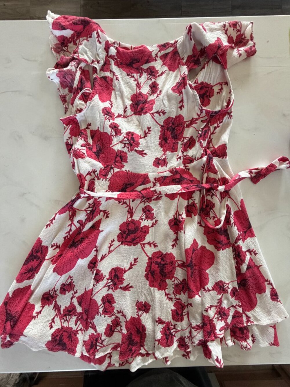 Free People Floral Wrap Mini Dress Medium White Pink Ruffle Boho - Picture 6 of 9